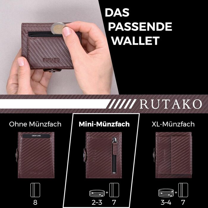 Слім-гаманець RUTAKO з RFID-захистом для чоловіків та жінок, компактний картхолдер з відділенням для монет, Carbon Brown
