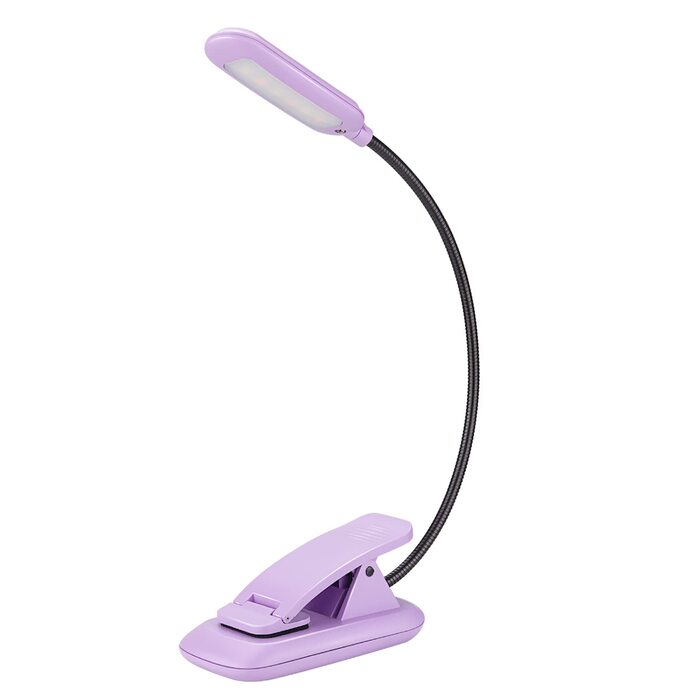 Ліхтарик для читання BIGMONAT з USB зарядкою, кліпсою, 6 LED, 3 режими світла, регульована яскравість, гнучкий на 360° фіолетовий