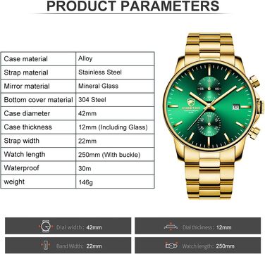 Чоловічий годинник-хронограф з нержавіючої сталі та металу, водонепроникний, кварцовий, з авто-датою та колірними стрілками (Золото-зелений)
