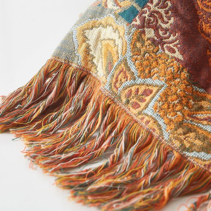 Богемна ковдра Boho Decke 100% бавовна – двостороння муслінова ковдра 150x200 см, м'яка ковдра для дивану та покривало на ліжко, естетичний дизайн, ідеально для вітальні та спальні, помаранчевий/зелений 150 x 200 см з квітковим візерунком