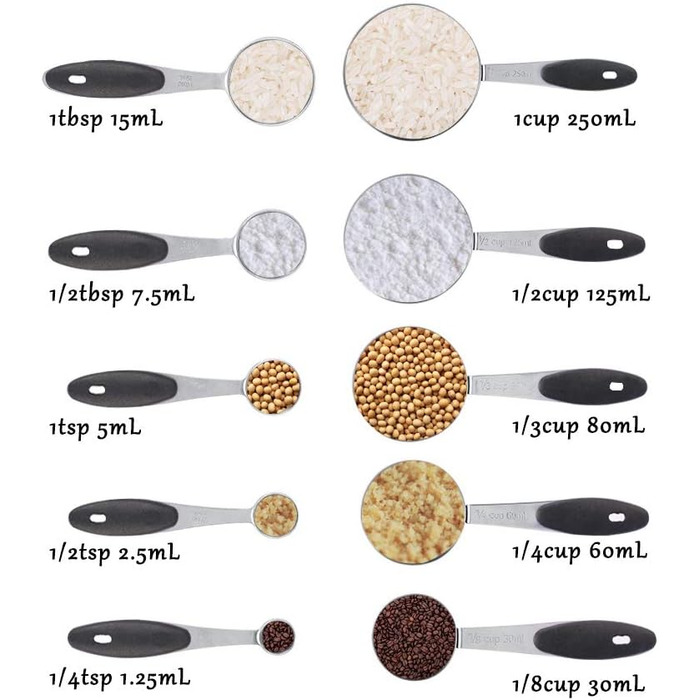 Stainless steel measuring cups and spoons, 10-piece set with storage rings, nesting teaspoons for measuring dry and liquid ingredients. Spoons
