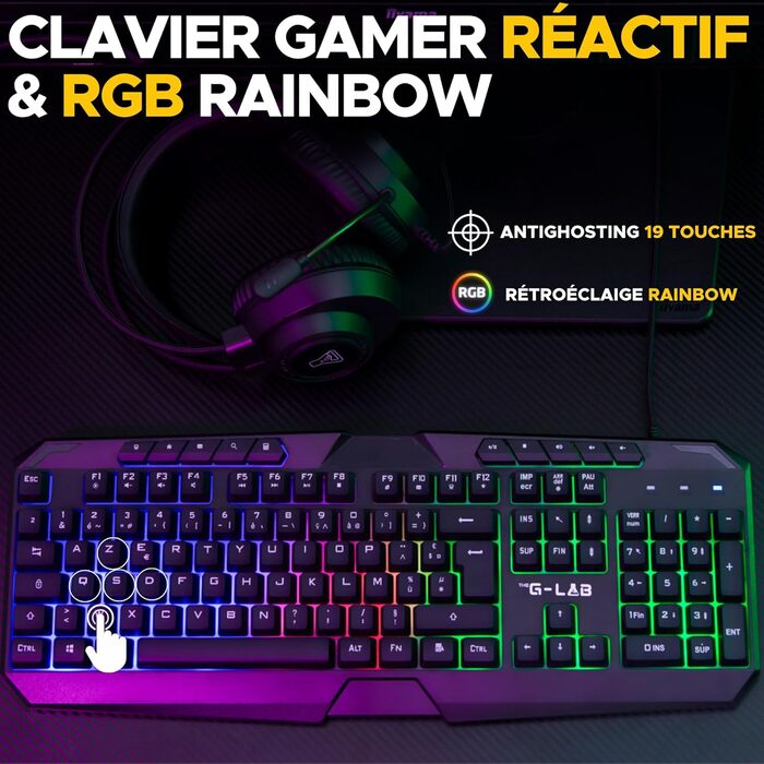 G-Lab Combo Natrium: Ігрова клавіатура, миша, навушники та килимок – 4 в 1 (USB, RGB, 19 антихостингові клавіші, 6400 DPI)