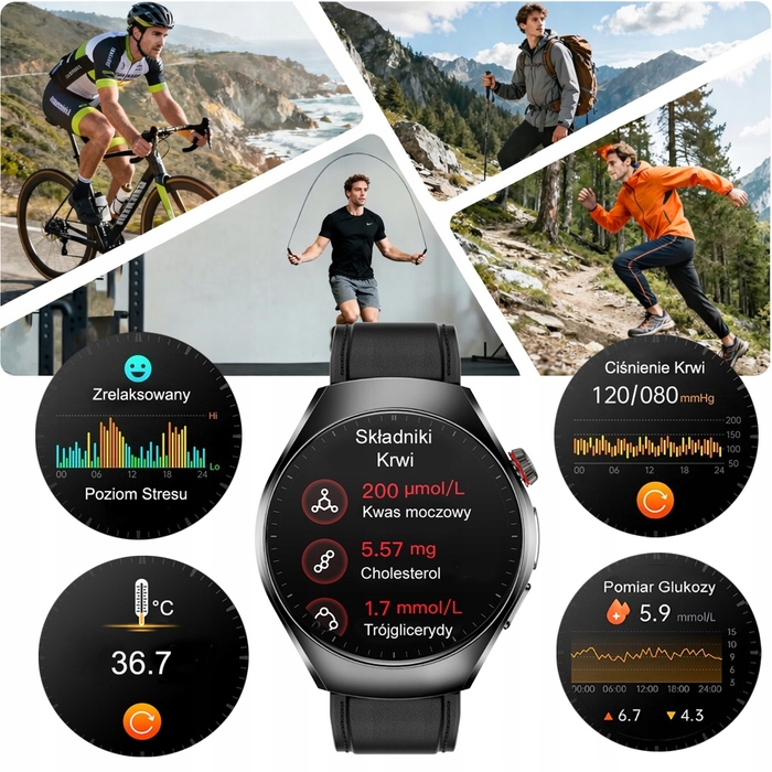 Смарт-годинник Lazird ZEGAREK з функціями ЕКГ, тонометром та глюкометром, чорний