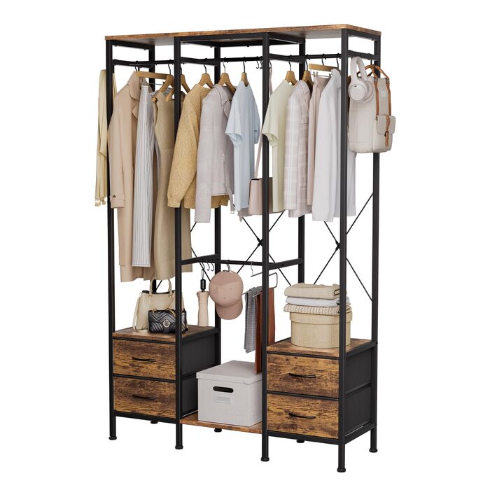 Шафа відкрита, вішалка для одягу, гардеробна стійка з 4 шухлядами, стійка для одягу, для спальні, вітальні, передпокою (rustic brown)