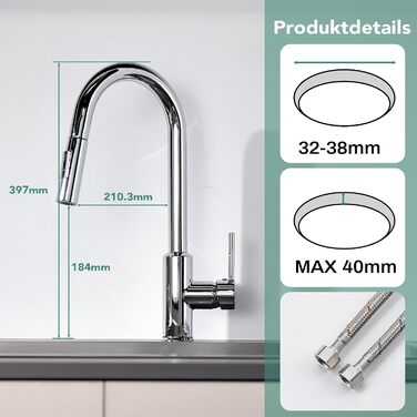 Змішувач кухонний з висувною лійкою та душем, 360° поворот, 2 режими, нержавіюча сталь (хром)