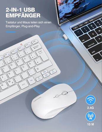 TECKNET Бездротовий комплект клавіатури та миші, QWERTZ, 2.4 GHz, 15м, тиха клавіатура та миша для ПК, ноутбука, Smart TV, білий