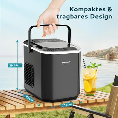 EUHOMY Ice Maker - Countertop Ice Machine, Stainless Steel, 12kg/Day Capacity, 9 Cubes in 6 Minutes, 2 Sizes, for Home, Kitchen, Office, RV - Black