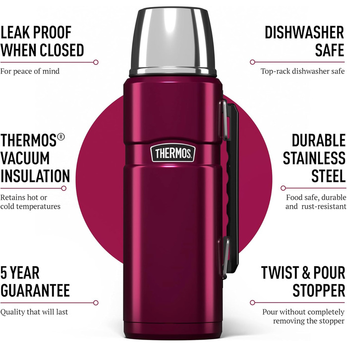 King Stainless Steel Flask with Handle - 1.2L / 1200ml - Raspberry Color