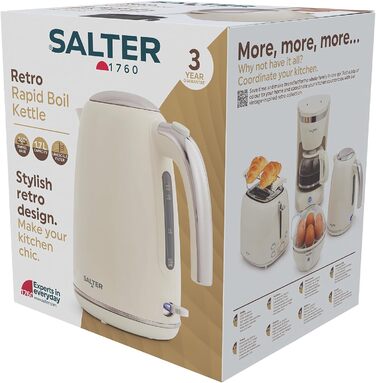 Електричний чайник Salter Retro Cream 1.7L з ретро-дизайном, 2.2 кВт, 360° обертання, фільтр від накипу, бездротовий, індикатор рівня води, захист від сухого кипіння, автоматичне вимкнення, кремовий колір
