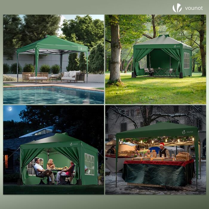 VOUNOT® 3x3m (approx. 10x10ft) Gazebo, Waterproof, Stable, Winter-Resistant, Pop-Up Folding Gazebo with 4 Side Walls and 3 Sandbags, Foldable Party Tent, Garden Tent, Garden Gazebo including Bag, Green