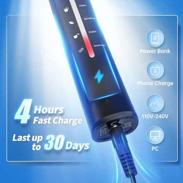 Електрична зубна щітка Demita зі звуковою технологією, 8 насадок, 40000 VPM, 5 режимів, швидка зарядка (30 днів роботи), чорний та рожевий кольори, у комплекті з кейсом S1