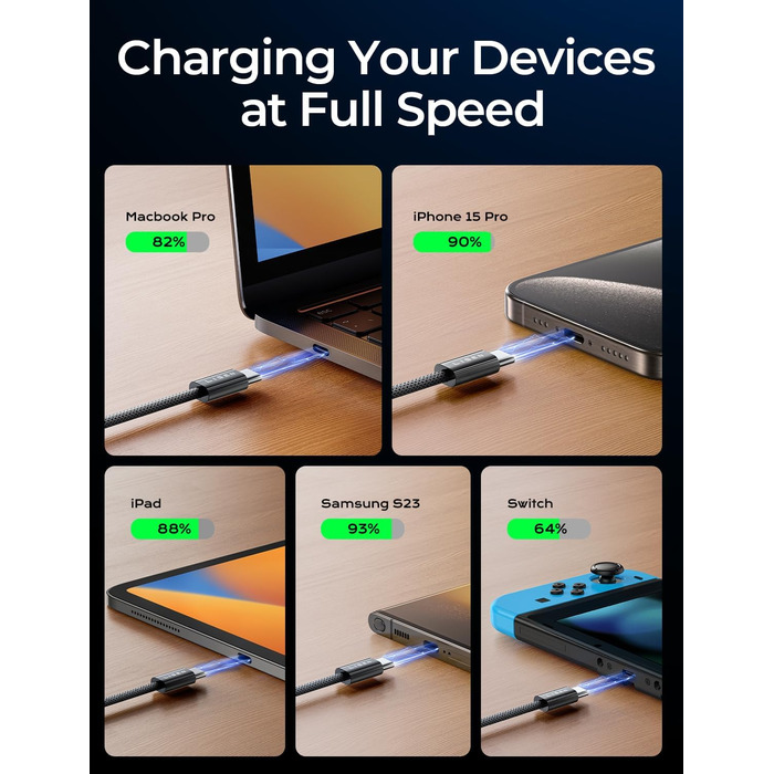 Кабель USB-C на USB-C 1м + 2м, 2 шт. LISEN 240W, для Samsung Galaxy S24 Ultra, MacBook Pro/Air, iPhone 17/16/15 Pro, iPad Pro/Air, чорний