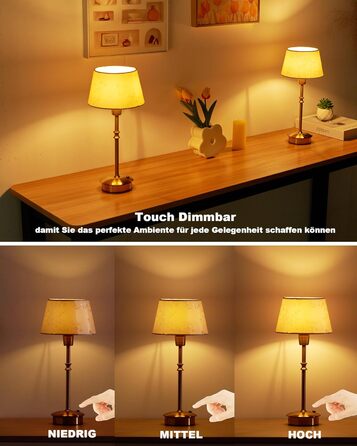 Настільна лампа OCEST на акумуляторі, сенсорне керування, регульована яскравість, для дому, кухні, тераси, їдальні (античне латунь-лінолеум), плафон з шовку 35,5 см