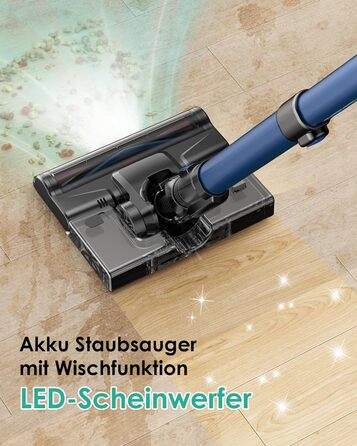 Бездротовий акумуляторний пилосос з функцією миття підлоги, 45000 Па/550 Вт/60 хв, безщітковий двигун, LED-дисплей, самостійна парковка, для твердих поверхонь, килимів та шерсті тварин, блакитний