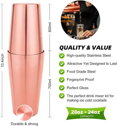 Набір для коктейлів 23 предмети Boston з нержавіючої сталі, золотий, з акриловою підставкою, рецептами та 4 каменями для віскі - професійний барний набір для дому та вечірок