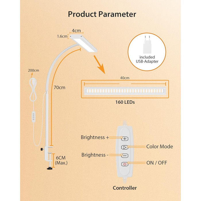 Настільна лампа 10W з регулюванням яскравості, 160 LED, USB-адаптер, 3 колірні температури, 10 рівнів яскравості, гнучкий 70см