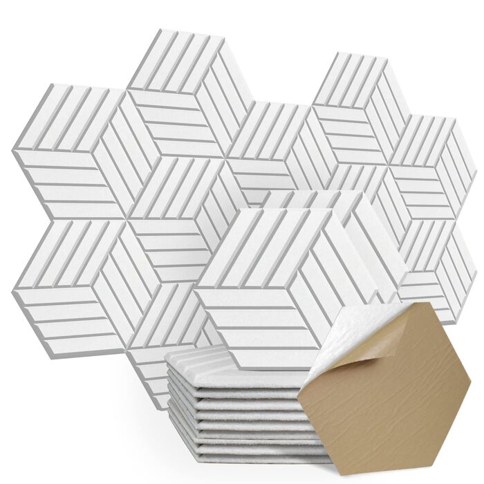 Акустичні гексагональні панелі SHJADE самоклеючі, шумоізоляційні стінові плитки (білі), 12 шт, 35.6 x 30.5 x 0.4 см
