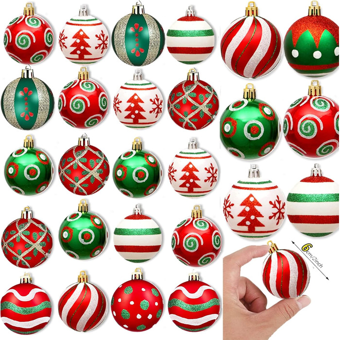 Набір прикрас на ялинку на Різдво, 30 шт, 60 мм, пластикові ялинкові кулі з гачками, для ялинки, вечірки, весілля (червоний, зелений, білий)