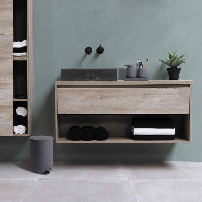 Набір для ванної кімнати AJEUNGAIN, сірий, 5 предметів: відро для сміття, тримач для туалетного паперу, диспенсер для мила, стакан для зубних щіток, піднос.