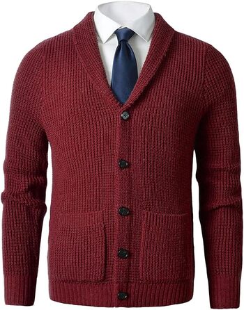 Чоловічий светр з коміром-шарфом, в'язаний візерунок, ґудзикова застібка, мериносова вовна, 5XL, бордовий колір