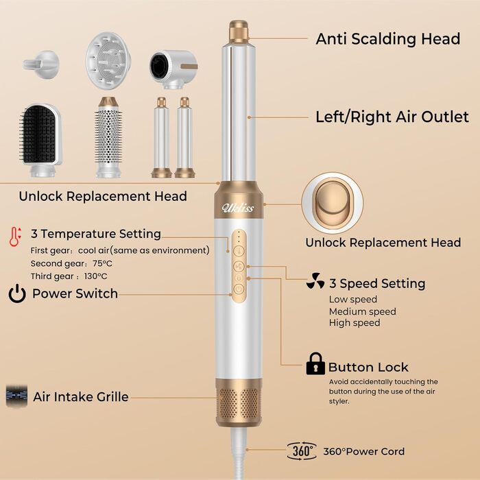 UKLISS Air Styler 7 в 1: фен-щітка з 7 насадками для сушіння, укладання та об'єму волосся, іонізація, білий