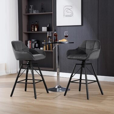WOLTU 2-Piece Bar Stool Set - Swivel Barstools with Backrest & Footrest - Velvet Upholstered Metal Bar Chairs - Dark Grey