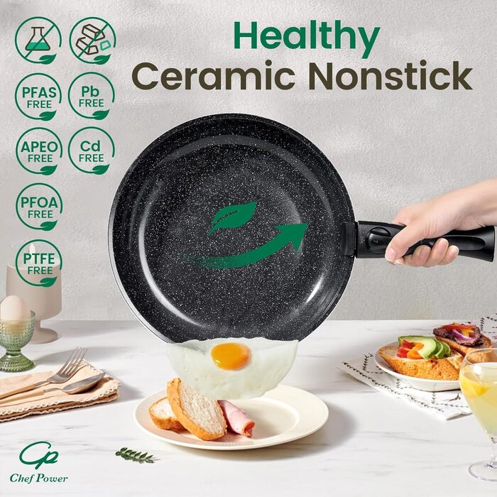 Набір посуду Chef Power Keramik Rock Stone Black 19 предметів з антипригарним покриттям, для індукції, посудомийної машини та духовки, знімні ручки