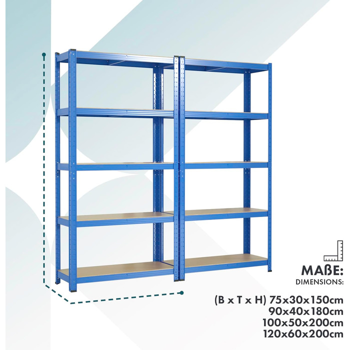 OfficeMarshal Heavy-Duty Shelving Unit - Lakota (200x120x60 cm, Blue)