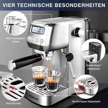 AMZCHEF Espresso Machine 20 Bar | Espresso Machine with Milk Frother | Semi-Automatic Espresso Machine with 2-IN-1 Portafilter for Single and Double Shots | Espresso Machine with Removable Water Tank 1.3 L 1.3L