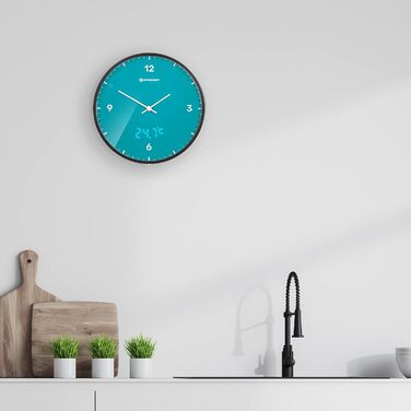 Bresser MyTime Radio-Controlled Wall Clock without Ticking Sounds, 24 cm Dial, LED Second Display, Indoor Temperature, and Silent Radio Movement, (Sky Blue)