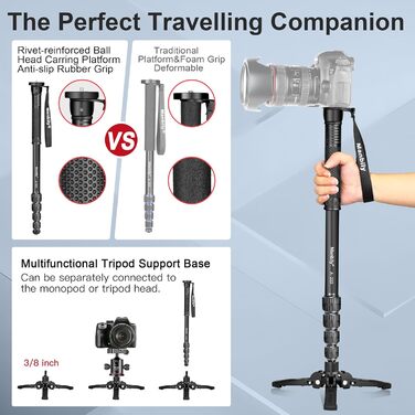 Штатив для камери Manbily A-222 з висувними ніжками з алюмінію, 5 секцій, до 170 см, 7 кг, для DSLR Canon/Sony/телефону (сірий/чорний)