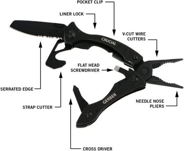 Gerber Multi-Tool with 9 functions and belt clip, Crucial, with belt cutter and liner-lock locking mechanism, open length: 9.1 cm, Black, 31-001518