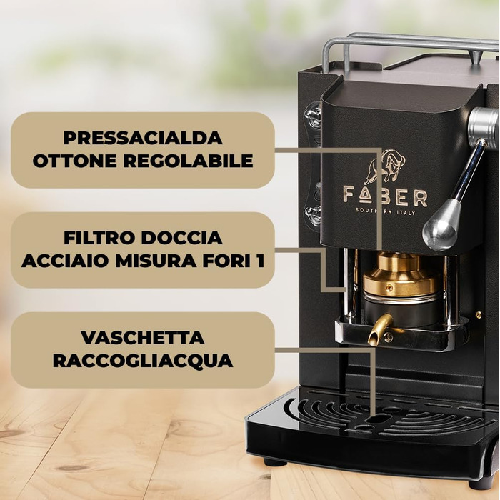 FABER COFFEE MACHINES | Pro Mini Deluxe Model | Coffee Machine for 44 mm ESE Pods | Chrome Finish | Brass Pad Press (Mat Black)