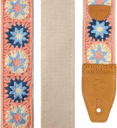 Гітарний ремінь 5,1 см з бавовняного друку, квітковий принт, з повним шкіряним кінцем, для бас-гітари, електрогітари та акустичної гітари, безкоштовна кнопка для ремінця, фіксатори ремінця та медіатори. Жовті ромашки (Рожеві ромашки)