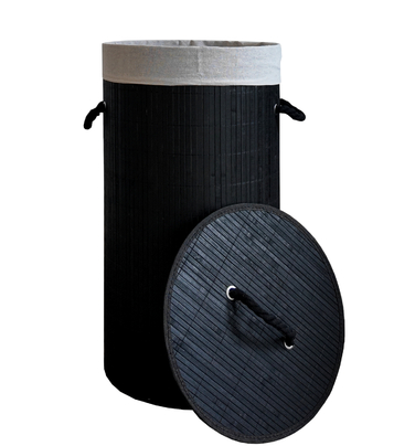 Великий круглий бамбуковий кошик для білизни з кришкою, 60 л, чорний