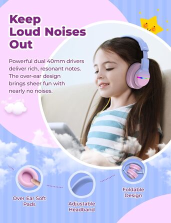 iClever Бездротові навушники для дітей з LED-підсвічуванням, Over-Ear, Bluetooth 5.2, мікрофон, рожевий градієнт, час роботи 85 годин