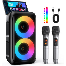 Караоке машина з 2 мікрофонами, портативна Bluetooth колонка з LED-підсвіткою, чорна