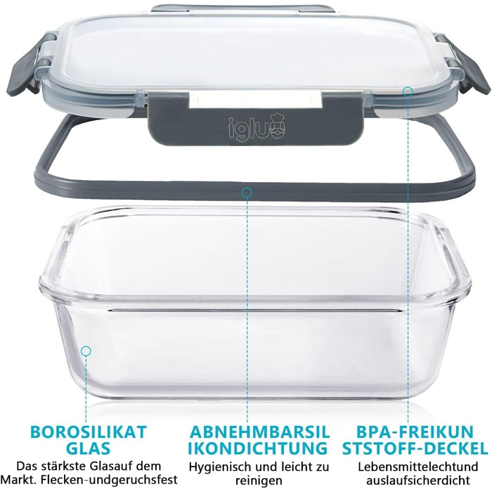 Набір контейнерів для їжі Igluu Meal Prep (12 шт.) – 1050 мл, Borosilikatglas, BPA-free, мікрохвильовка, духовка, морозильник, посудомийна машина, витікання