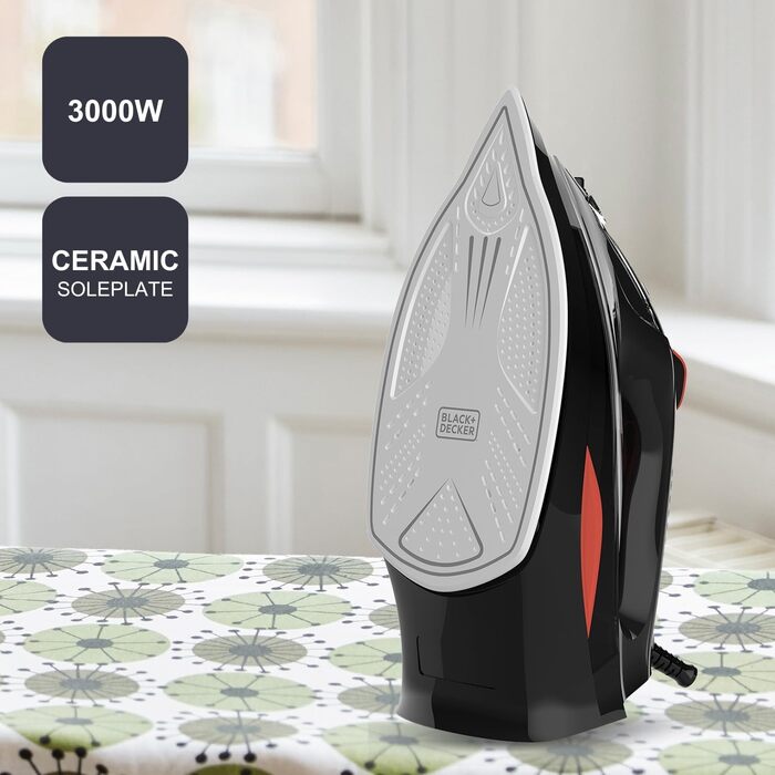 Праска з парою Black+Decker BXIR3000E | 3000 Вт | Керамічна підошва | 200 г/хв | Система захисту від накипу | Вертикальне прасування | Дезінфекція