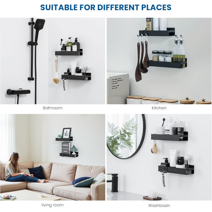 Поличка для душу Auralum без свердління, органайзер для ванної кімнати, 2 шт., чорний, нержавіюча сталь