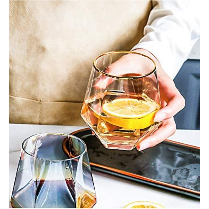 Diamond Whiskey Glasses 4-Piece Set, Tilted Scotch Glasses 300 Ml, Modern Look Whiskey Glasses for Men, Women, Dad, Husband, Friends, Glassware for Bourbon/Rum/Bar Tumbler, Clear + Gold Rim 4