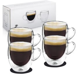 Набір з 4 еспресо-чашок Zobel 80 мл з подвійними стінками та ручкою з боросилікатного скла, з фетровими підставками. Можливе миття в посудомийній машині, термостійкі. Ефект левітації.