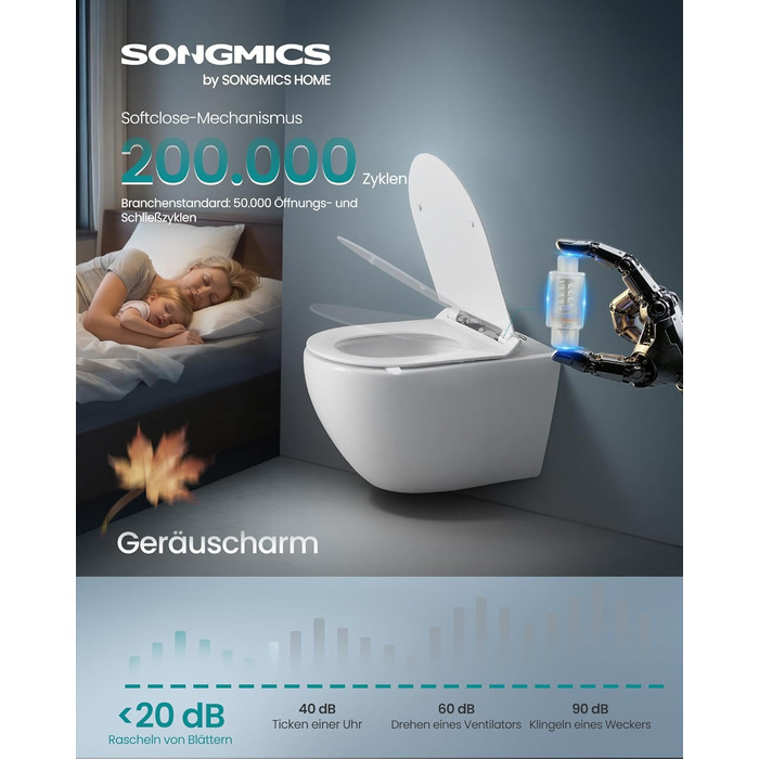 Сідіння для унітаза SONGMICS з мікроліфтом (м'яким закриванням), Urea-Duroplast, D-подібне (коротке), біле, витримує до 300 кг, BTL101WZ01