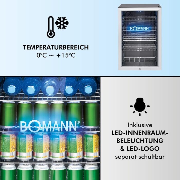 Холодильник для напоїв Bomann® KSG 7287 Inox | 63 літри | регулювання температури +3–10°C | з дверцятами зі скла, 4 полиці та LED-підсвічуванням | тихий, енергоефективний та компактний | для пляшок та банок
