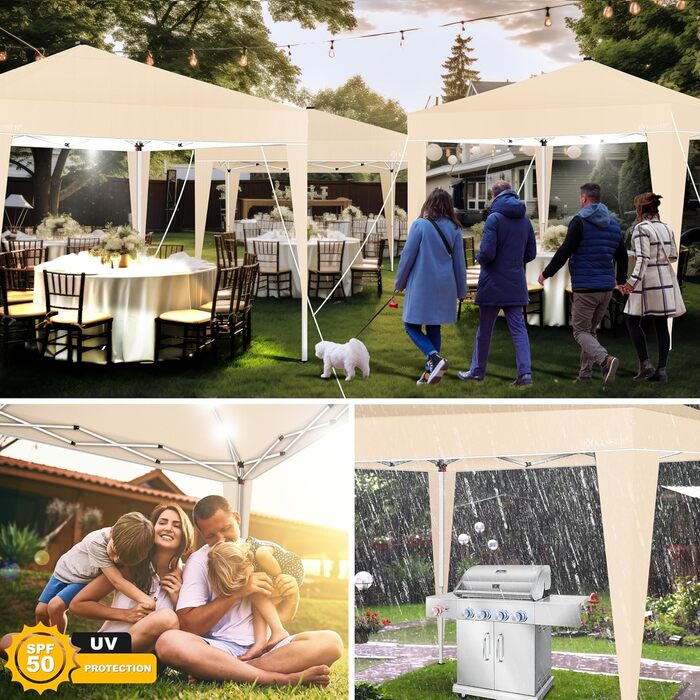 KESSER® Pavilion Folding Pavilion 3x3m with LED Lighting | Pop-Up Garden Pavilion Height Adjustable, Stable, Waterproof, Winterproof | Party Tent, Event Tent, UV Protection 50+ including Remote Control & Bag Beige