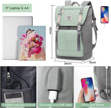 Жіночий рюкзак YAMTION на 17 дюймів з відділенням для ноутбука, USB-порт, для школи, університету, повсякденного використання (17