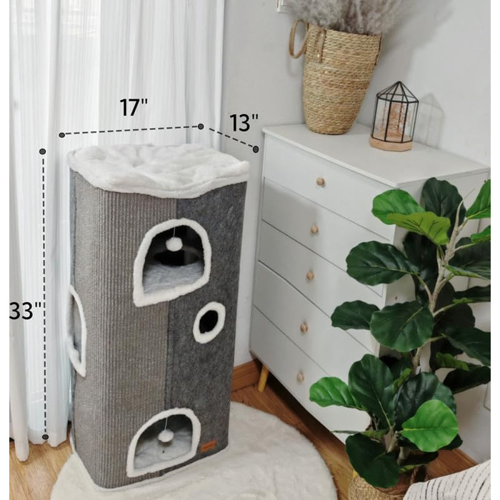 Spindro Cat Cave Cat Bed Large, Cat House Indoor Cat Sleeping Place with Removable Sherpa Cat Cushion and Hanging Toy, Cat Bed, Light Grey 42x42x33cm (4 level (42cmx32cmx84cm), Grey)