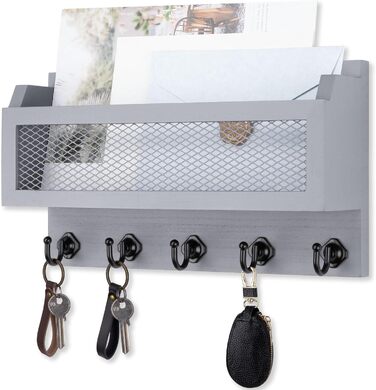 Wall decor brief and key holder, 27.9 cm (11 inch) wood wall key organizer with 5 key hooks, wall mount, storage shelf for entryway, hallway (white) (grey)