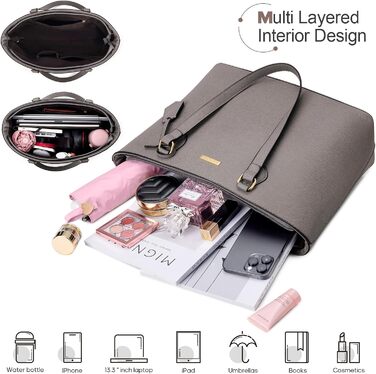 Bagsure Сумка жіноча (4 в 1): сумка-шопер, сумка на плече, ділова сумка для офісу, школи, подорожей (Сіра)