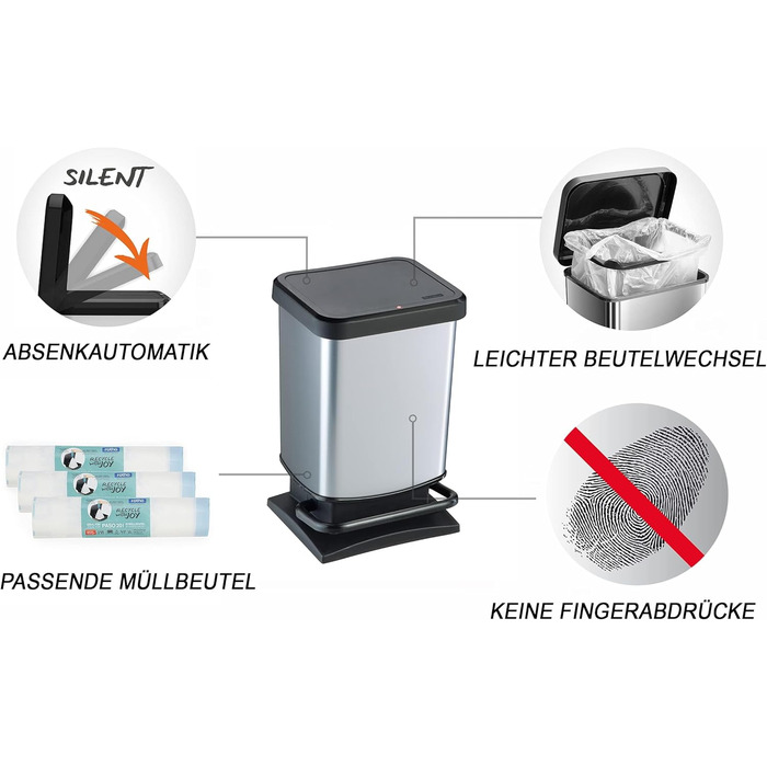 Відро для сміття Rotho Paso 20л з кришкою, пластикове, сріблясто-металеве